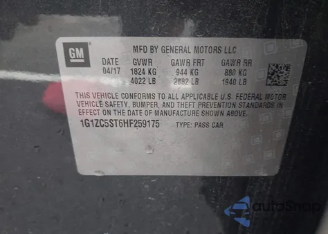 2017 Chevrolet Malibu 1Fl z USA, uszkodzony, nr VIN 1G1ZC5ST6HF259175